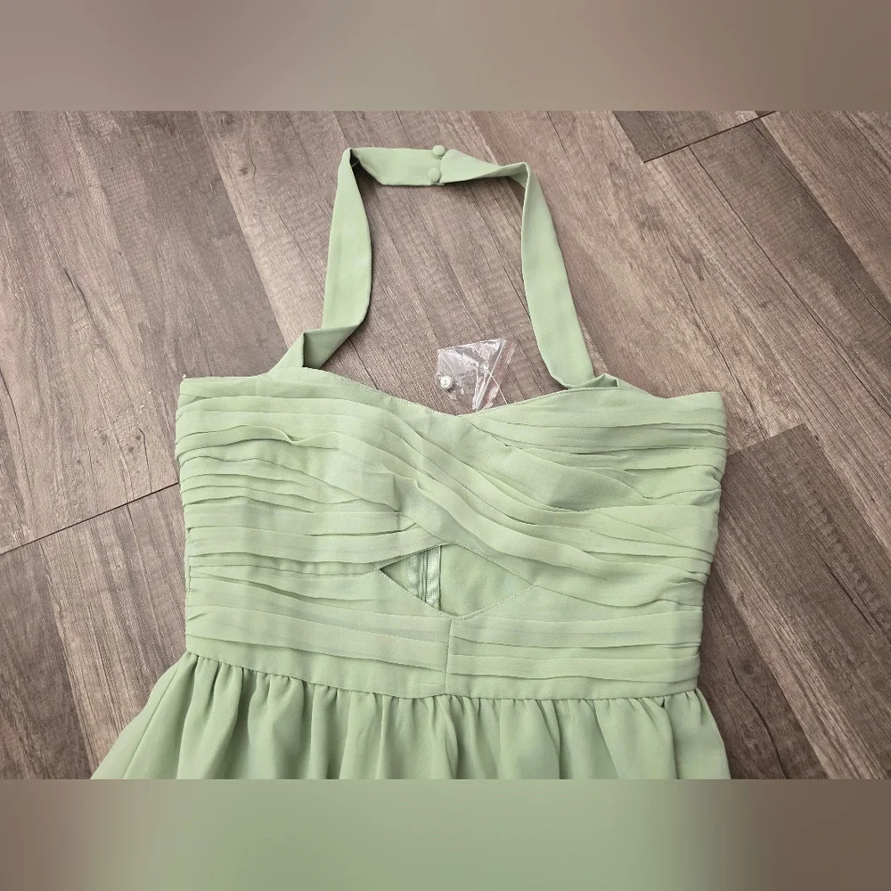ASOS DESIGN Tall ruched bodice halter tiered maxi dress Sage green Wedding Y2K - Picture 12 of 13